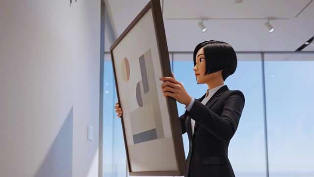 Animated Businesswoman Hanging Abstract Artwork in Modern Office Gallery