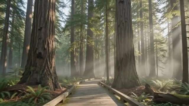 Sunlight Rays Piercing Through Ancient Redwood Forest Boardwalk