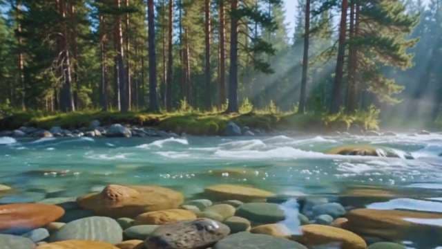 Scenic Mountain River Flowing Through Sunlit Pine Forest
