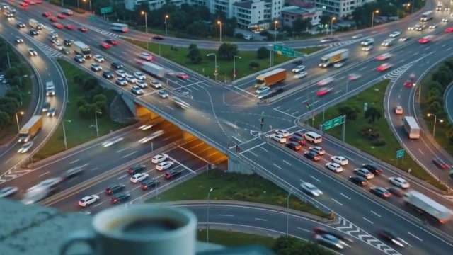 Aerial View of Urban Traffic and Foreground Coffee Cup