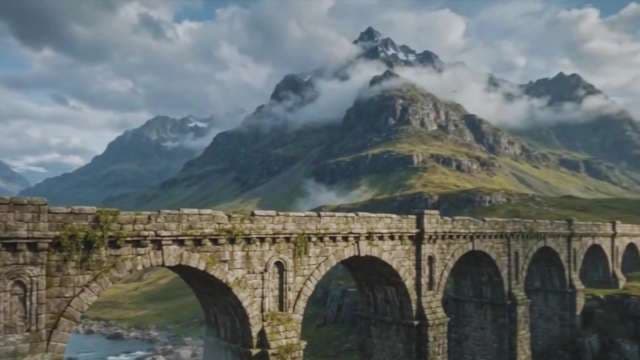 Stone Viaduct Bridge in Misty Scottish Highlands Mountain Range