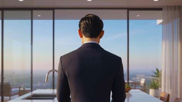 Businessman Looking at City Skyline from Modern Office