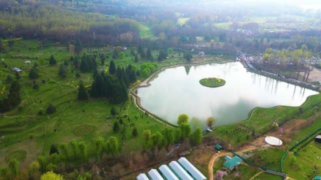 Aerial View of Srinagar Botanical Garden and Scenic Lake in Kashmir