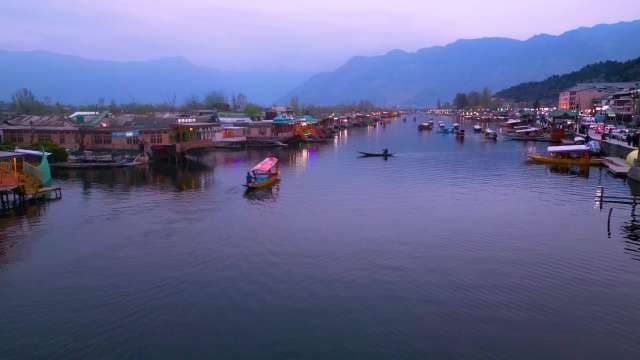 Evening Twilight Over Dal Lake with Shikara Boats and Houseboats