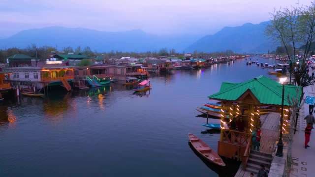 Evening View of Houseboats and Shikara Boats on Dal Lake