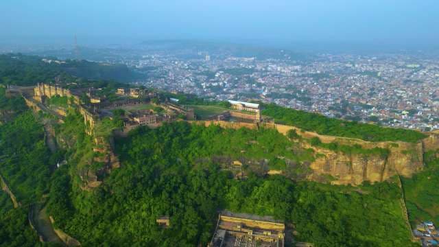 Aerial Panorama of Ancient Gwalior Fort Hillside and Surrounding City, India