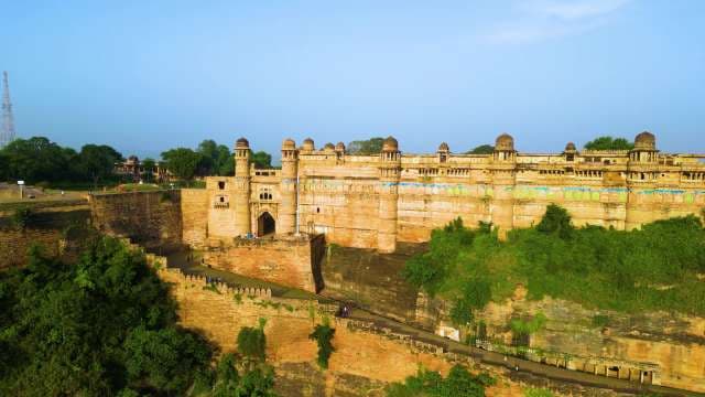 Aerial View of Gwalior Fort with Ancient Sandstone Walls and Palaces