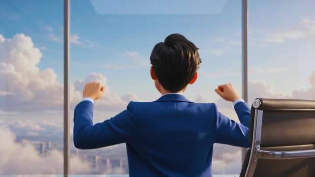 Successful 3D Businessman Celebrating Career Victory in Modern Office