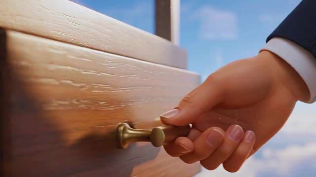 Business Hand Opening Wooden Drawer Against Blue Sky