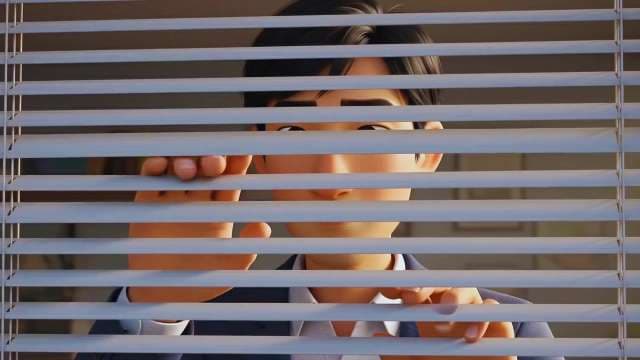 3D Animated Businessman Peering Through Window Blinds
