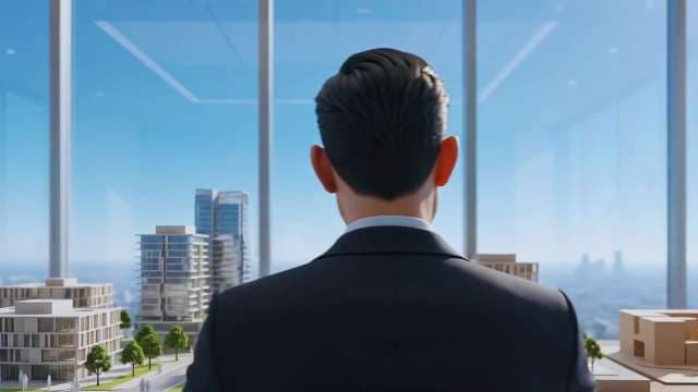 Businessman Viewing Architectural City Model in Modern High Rise Office