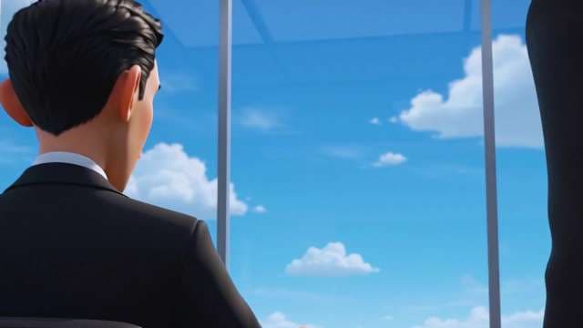 3D Animated Businessman Looking Out Office Window At Blue Sky