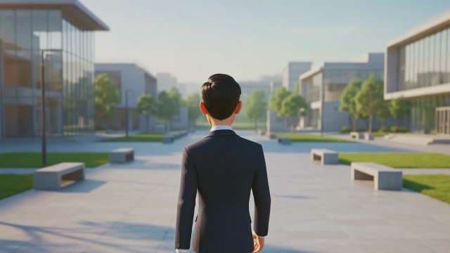 3D Animated Businessman Walking Through Modern Corporate Campus Plaza