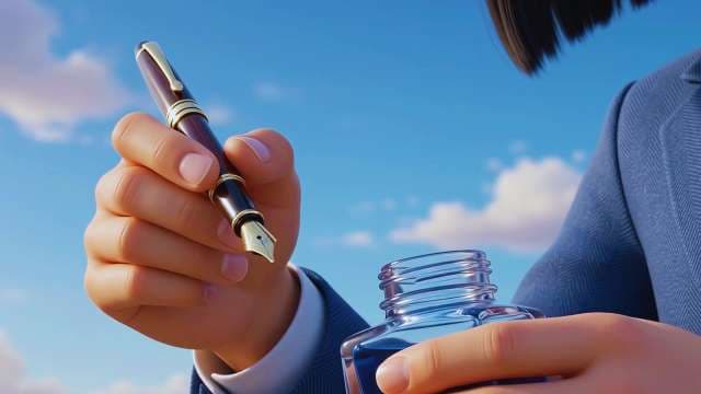 Animated Character Holding Fountain Pen and Ink Against Blue Sky