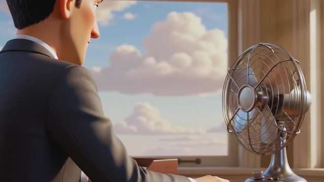 Animated Businessman Cooling with Vintage Desk Fan