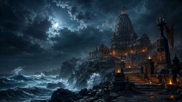 Ancient Hindu Temple on Coastal Cliff Under Full Moon at Night