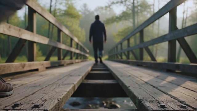 Man Walking Across Wooden Bridge in Misty Morning Forest