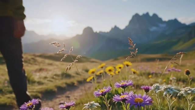 Hiker Trekking Through Alpine Meadow Wildflowers at Golden Sunset