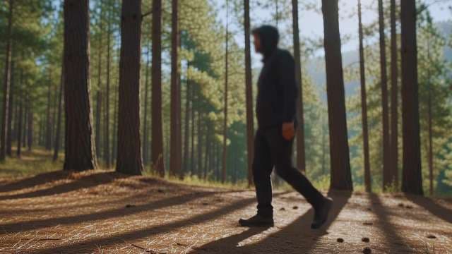 Silhouette of Man Walking Through Sunlit Pine Forest