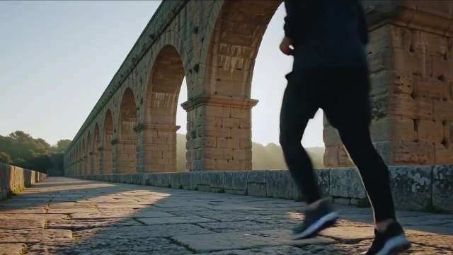 Man Running Past Ancient Roman Aqueduct at Sunrise in France
