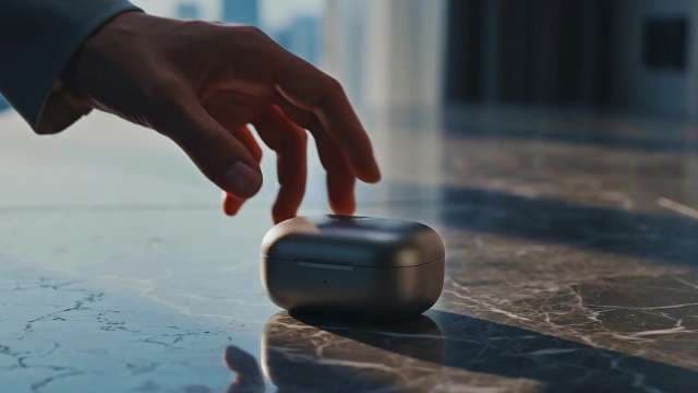 Person Reaching for Wireless Earbud Charging Case on Marble Table