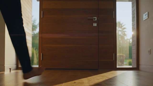 Person Walking Barefoot Toward Modern Wooden Front Door in Sunlight