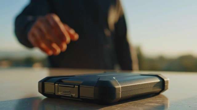 Businessman Reaching for Rugged Protective Case Outdoors at Golden Hour