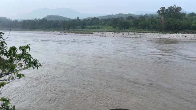 Scenic Muddy River Flowing Through Green Mountainous Landscape in Himachal