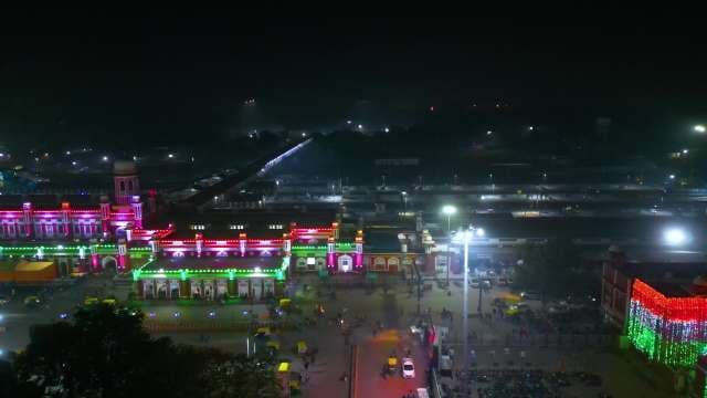 Lucknow Charbagh Railway Station Night Aerial View with Festive Lights