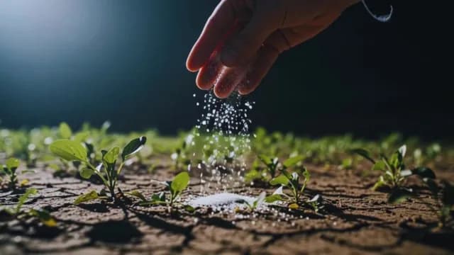 Hand Fertilizing Young Sprout in Dry Cracked Earth at Night