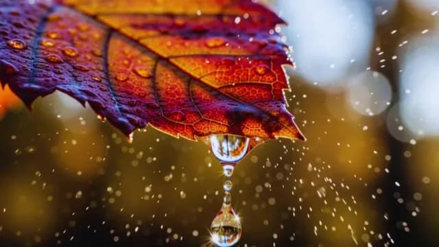 Macro Shot of Red Autumn Leaf with Falling Water Droplets