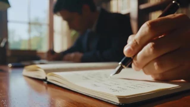Person Writing with Fountain Pen in a Classic Library