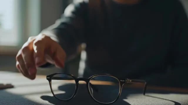 Person Reaching for Stylish Eyeglasses on Desk in Soft Light