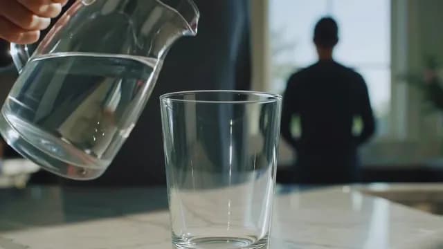 Close-Up of Fresh Water Pouring into Glass from Pitcher