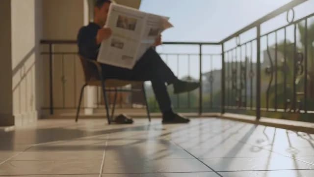 Man Reading Newspaper on Sunny Balcony at Home