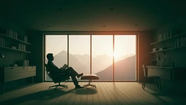 Man Reading in Modern Home Office with Mountain View Sunset
