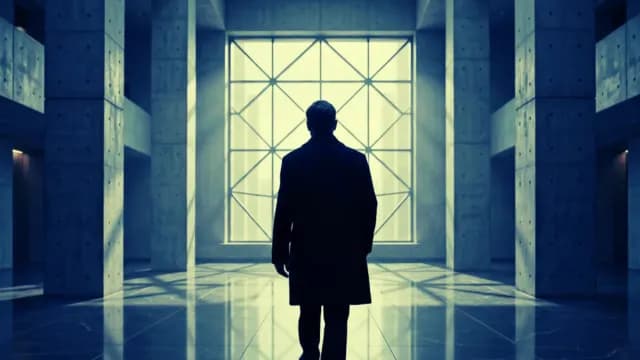 Silhouette of Businessman Walking Through Modern Concrete Hallway