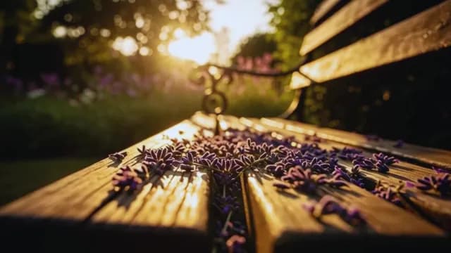 Golden Sunset Over Lavender Flowers on Wooden Park Bench