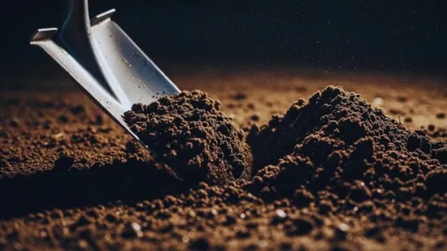 Metal Shovel Digging into Dark Rich Soil for Gardening