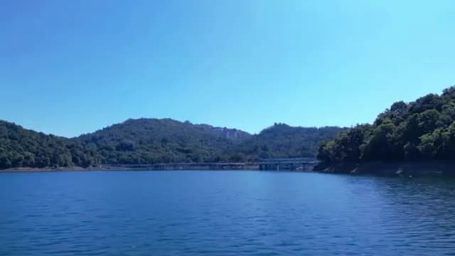 Tranquil Blue Lake and Forested Hills Landscape