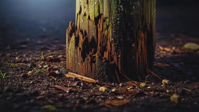 Cinematic Macro Shot of Decaying Wood Post in Mist