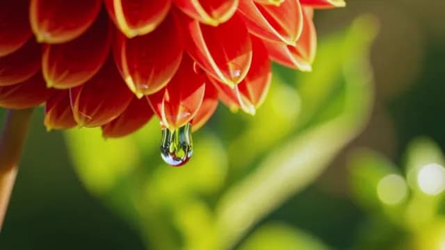 Macro Shot of Water Droplet Hanging from Vibrant Red Flower Petal
