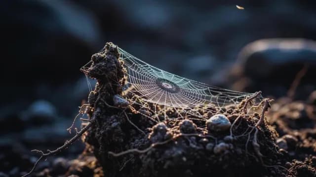 Backlit Macro Spider Web on Dark Soil at Golden Hour