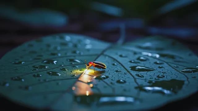 Glowing Firefly Resting on Wet Leaf at Night Close-up