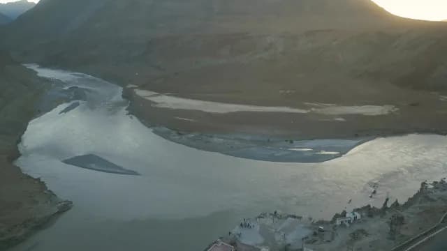 Aerial View of Sangam Confluence in Ladakh Mountains