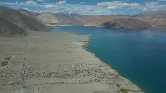 Aerial View of Pangong Lake Turquoise Water and Mountain Landscape