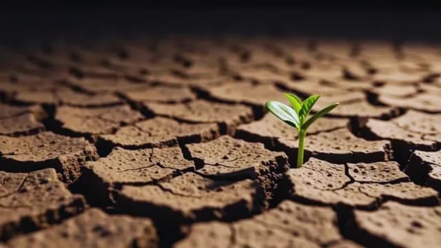 Small Green Sprout Emerging from Cracked Dry Earth in Desert