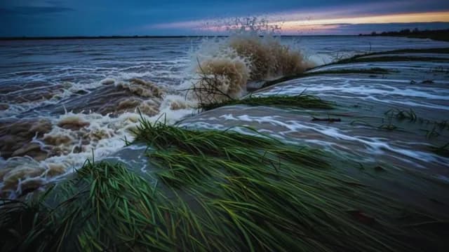 Powerful Flood Waters Surging Over Grassy Bank at Dusk