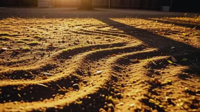 Tire Tracks on Dirt Ground at Golden Hour Sunset