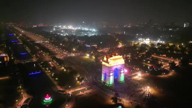 Aerial View of Illuminated India Gate at Night in New Delhi